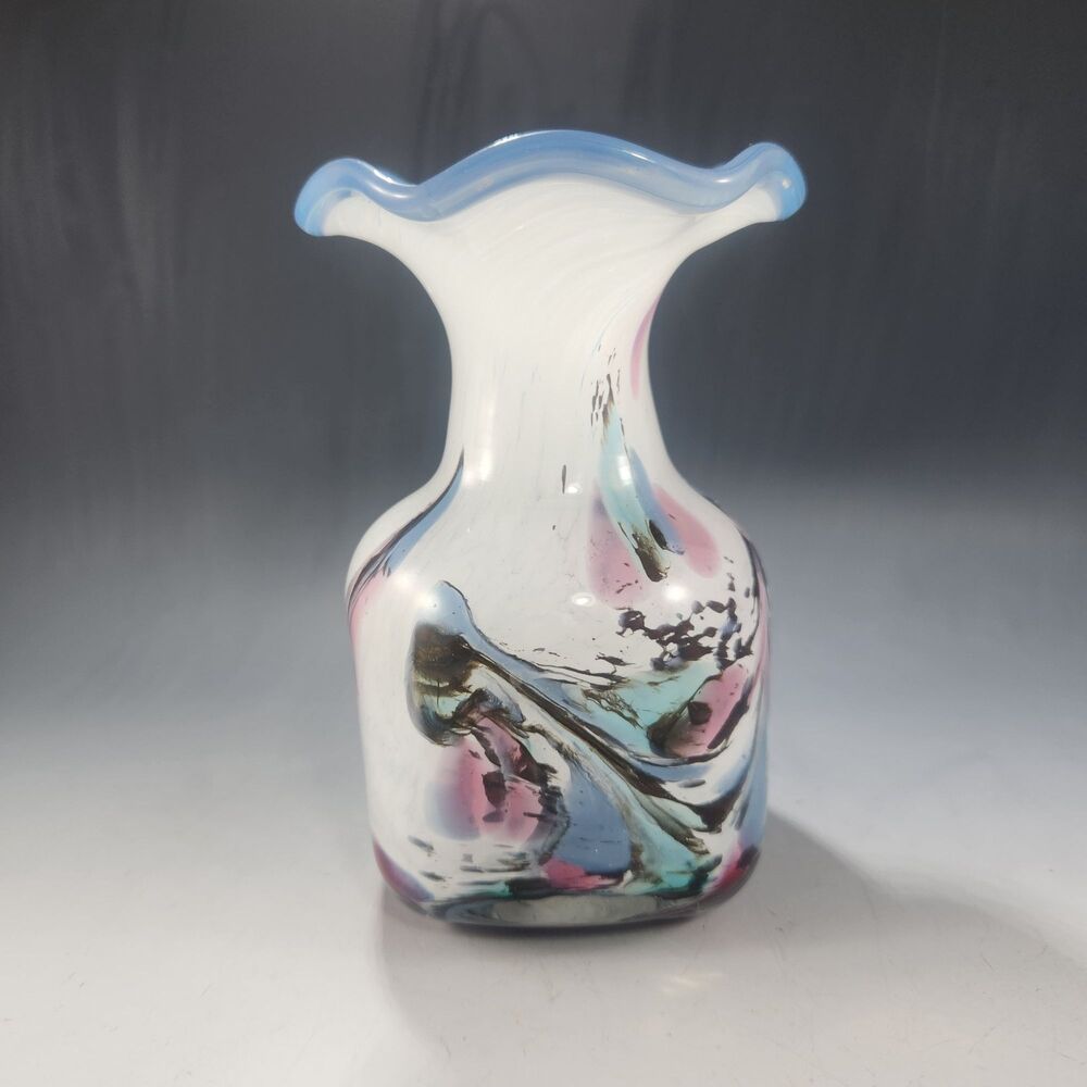 Signed Art Glass Vase Cased Clear Confetti White Swirl Blue Crest Amethyst Pink